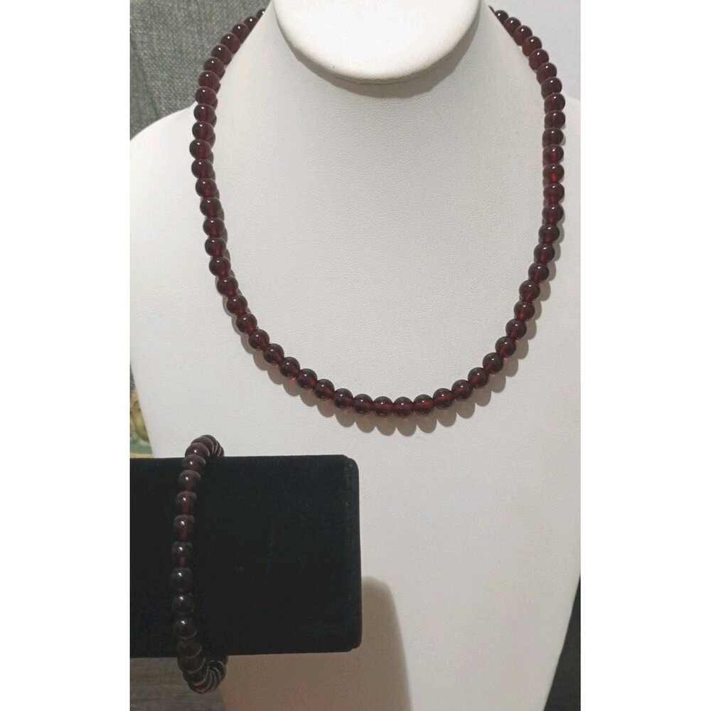 Crimson Red Glass Beaded Vintage Necklace Stretch Bracelet Set
